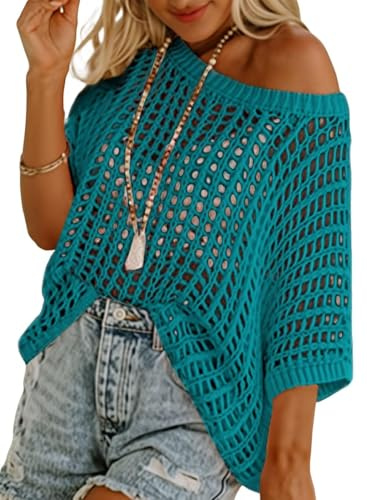 Chicrise virkad tröja dam axellös rund hals stickad tröja oversize krok nål skydd up mesh topp lechit ledig, Påfågel grön, XL