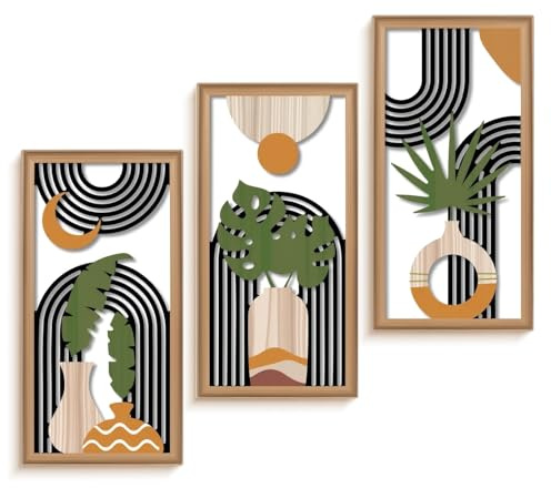 TOWEBOORY 3 Piezas Escultura de Pared en Madera, Marco de Madera Cuadro Moderno Boho Bohemia Decoracion Pared Decoración de Paredes de Madera Moderno para Salón, Dormitorio, Entrada u Oficina