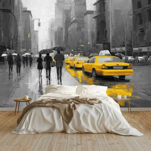Art Papel Tapiz Fotográfico Pintura Al Óleo Ciudad De Nueva York Taxi Papel Pintado no Tejido 200x140 cm Lana Decoración de Pared Sala Cuarto Póster Mural para Sala de estar, Gris