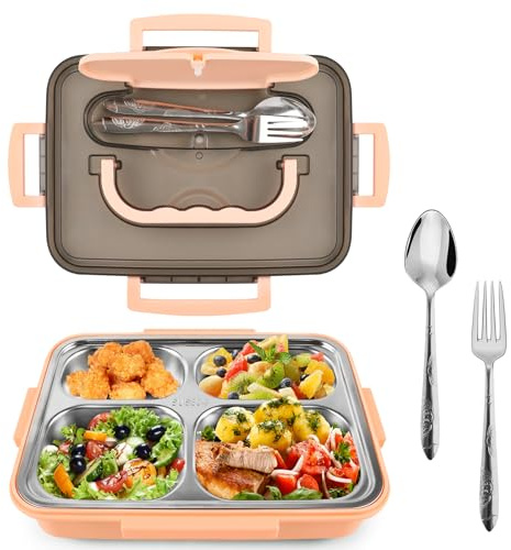 Boîte Bento Lunch Box avec Interieur en Acier Inoxydable Amovible 1200ml | avec 4 Compartiments, Incl. Couverts en Acier Inoxydable, pour Enfants et Adultes - École, Bureau, Voyage (Rose)