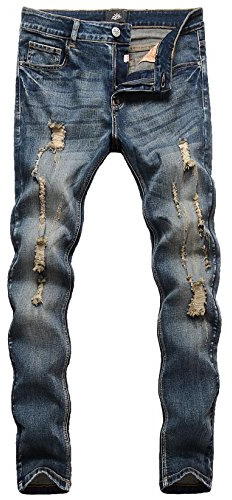 ZLZ Men's Ripped Skinny Distressed Destroyed Slim Fit Stretch Biker Jeans Pants With Holes, Vintage Blue, 32