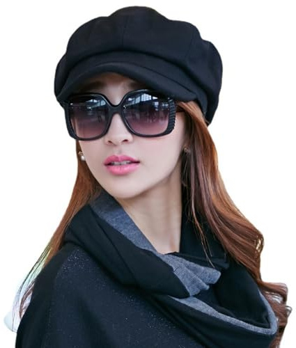 ITODA Ladies Beret Fashion 8 Panel Baker Boy Cap Classic Wool Blend Peaked Cap Autumn Winter Warm Beanie Caps Stretchable Flat Hat Newsboy Hat for Women Girls Black