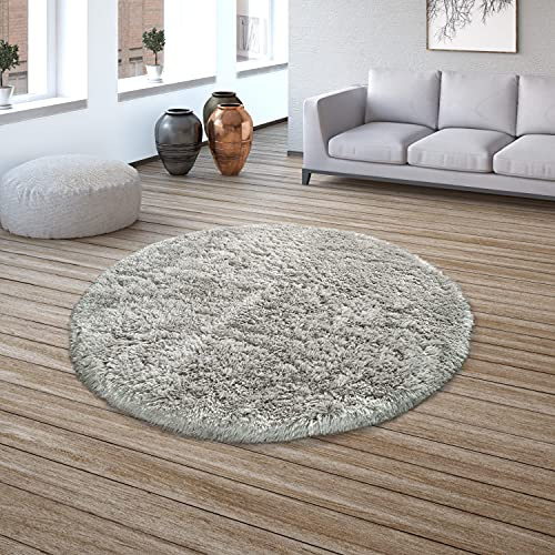 TT Home Wohnzimmer Hochflor Teppich Shaggy Sehr Soft Und Weich Unifarben, In Grau, Größe:Ø 120 cm Rund