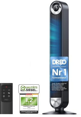 DREO Tower Fan for Bedroom, Upgraded DC 9 Speeds 20dB Ultra-Quiet Floor Fan, 90° Oscillating Fans with 28ft/s Velocity, 12H Timer, Standing Fan, Bladeless Fan Powerful for Home Office Room