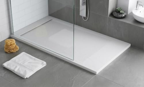 Plato de ducha resina FLOW desagüe lineal frontal color Blanco 140x90 textura pizarra antideslizante rejilla inox con válvula