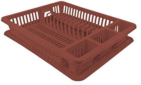 VIRSUS Scolastoviglie con Vassoio Raccogli Goccia, Scolapiatti plastica per Bicchieri e Piatti, 3 Scomparti per Posate, Dimensioni 45,5x36x7 cm - (Castagna)