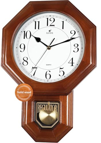 JUSTIME Traditional Schoolhouse Solid Wood Pendulum Wall Clock Chimes Hourly with Westminster Melody Chime Made in Taiwan (Dark Wood w/Westminster Chime)