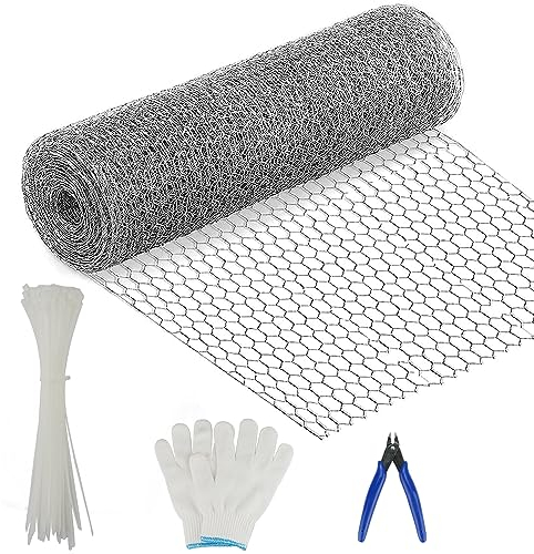Chicken Wire 40cm x 10m, Galvanised Hexagonal Floristry Chicken Wire Mesh Roll Garden Mesh Fencing Hot-Dipped Wire Poultry Netting with Cutting Plier Gloves & 50Pcs Cable Ties