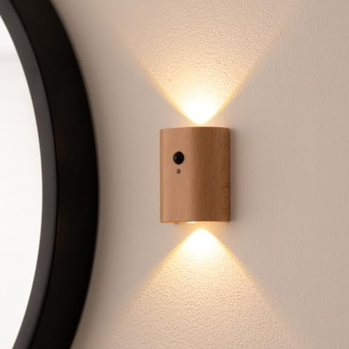 Rechargeable Wooden Wall Light Motion Sensor PIR Portable Cordless Wireless Automatic Battery Indoor Hallway, Stairway, Porch Smart Night Lamp by Auraglow (Beech, 1 Pack)