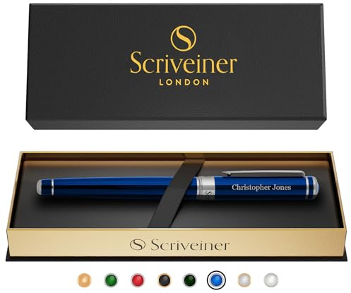 Scriveiner Personalised Midnight Blue Pen - Stunning Blue Lacquer Luxury Pen, Chrome Finish, Schmidt Ink Refill, Best Engraved Roller Ball Gift Set for Men & Women, Custom Name Engraving