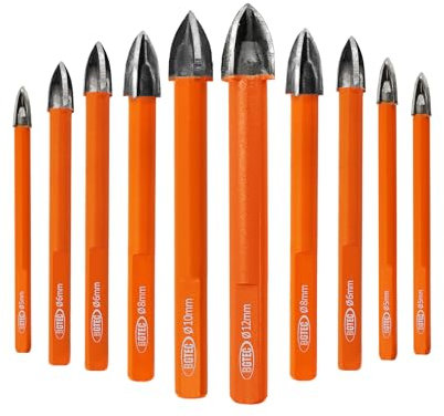 BGTEC Brocas de metal duro Brocas para mampostería, 10pcs 5mm *2+6mm*4+8mm*2+10mm+12mm Broca espiral en cruz de aleación dura para Madera Plástico Mampostería Cerámica Hormigón Mármol