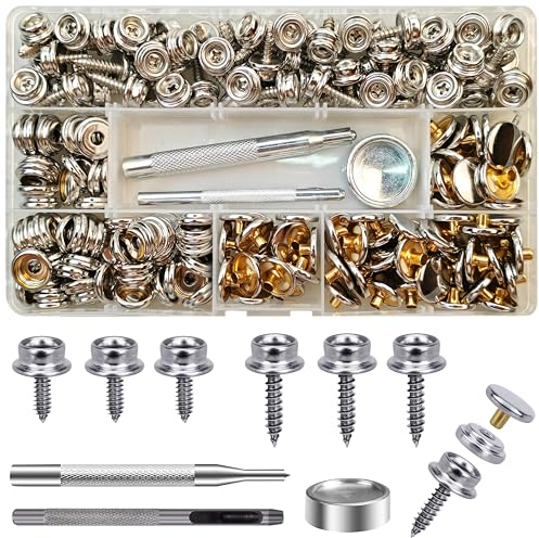 70 Set Druckknöpfe zum Schrauben, 15mm/10mm Edelstahl Druckknopf Schraubbar mit Fixierwerkzeug Kit für Planen, Schiffe, Möbel, Segeltuch, Autozelte (Silber, 15mm/10mm)