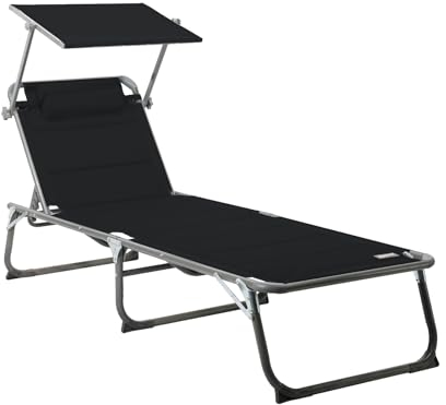 Homecall Sonnenliege Klappbar Mit Dach, Kopfstütze, 5-Fach Verstellbare Rückenlehne, 200 x 70 cm Gartenliege Wetterfest, Garten Liegestuhl Klappbar Leicht, Bis 180 kg für Garten, Balkon - XXL, Schwarz