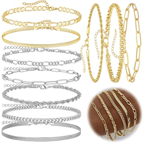 QOWUXHZ 10 Piezas Pulseras Plata Y Oro Mujer Set De Pulseras Pulseras Mujer Acero Inoxidable Apilables Ajustables Boho Para Mujer Niñas 16+5 Cm