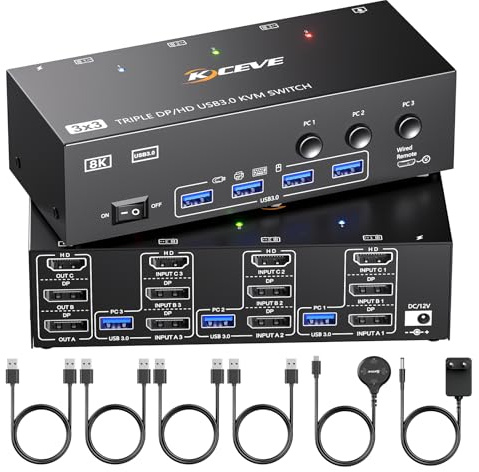 HDMI+2 Displayport KVM Switch 3 Monitor 3 PC 8K@60Hz 4K@144Hz, MLEEDA USB 3.0 Switch KVM 3 PC Condividi 3 Monitor e 4 Dispositivi USB 3.0, con Alimentatore da 12V DC, Telecomando Cablato e 3 Cavi USB