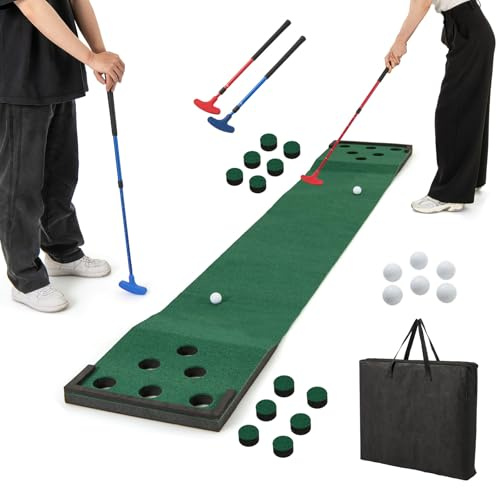 COSTWAY Tapis de Putting Entraînement Golf de 332 cm, Golf Putting avec 2 Putters Ajustables, 6 Balles et 12 Couvercles de Trous pour Fête, Tapis d'Entraînement pour Intérieur/Extérieur (Vert Foncé)
