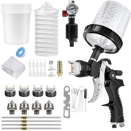 HVLP Pistolet pulvérisateur à air comprimé avec 4 buses de 1,4/1,7/2,0/2,5 mm, avec gobelets doseurs de 600 ml, 10 gobelets de mélange de couleurs jetables et couvercles, 20 filtres (noir)