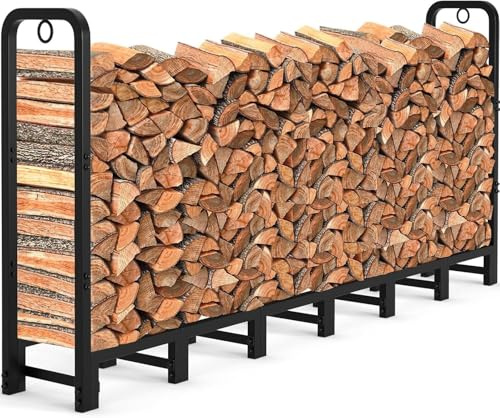 GarveeLife Firewood Rack, Metal Firewood Stand with Locking Rings, Firewood Shelf Indoor and Outdoor, Firewood Rack for Fireplace and Oven, Steel, 244 x 30.5 x 105 cm, Black