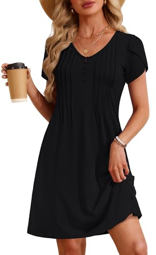 Zattcas Casual Short Summer Dresses for Women 2026 Spring Button Down V Neck Pintuck A Line Mini Travel Sun Dresses Beach Vacation Clothes Bathing Suit Cover Up Solid Black M