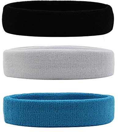 HANERDUN Sport Stirnband Damen Herren Schweißbänder kopf Stirn Baumwolle Frottee Haarband kopfband für Laufen Fahrrad Joggen Tennis,Schwarz/Weiß/Himmelblau(3 Stk),one size