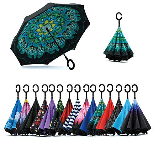 Jooayou Parapluie inversé double couche, poignée en forme de C, parapluie pliable inversé, parapluie de voyage anti-UV coupe-vent avec sac de transport