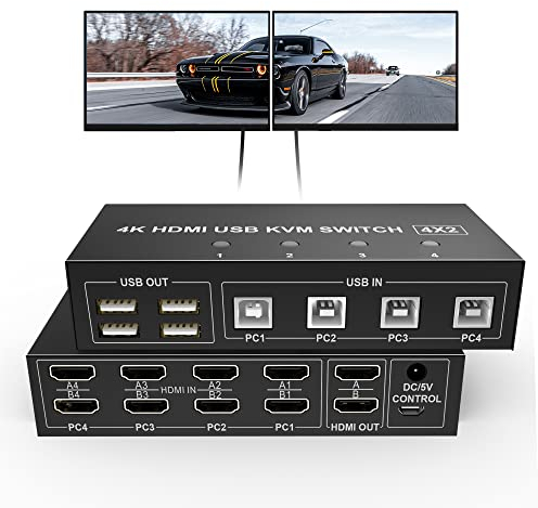 4 Port KVM Switch Dual Monitor HDMI 4K 60Hz, KVM Switch 2 Monitore 4 Computer mit 4 USB 2.0 Hub, Dual Monitor HDMI KVM Switch Keyboard Mouse Switcher