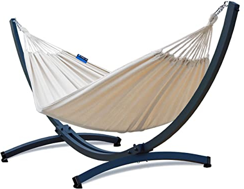 Potenza Outdoor Hängematte mit Tytan Gestell für 2 Personen I Baumwolle Doppelhängematte XXL 220x160, 200kg I Hängemattengestell 350 kg, wetterfest (Ecru, Basic Gestell Graphit)