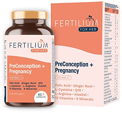FERTILIUM Vitamine Donna Gravidanza + Donne Preconcepimento + Prenatale : Acido Folico + Inositolo + Q10 Più 12 Vitamine + 9 Minerali per Donna PregnaPlus : 60 Capsule (Senza conservanti)