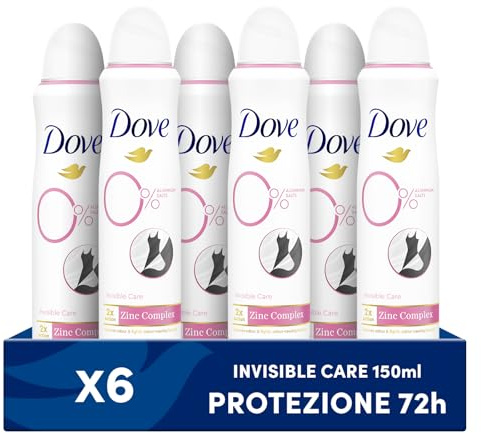 Dove Deodorante Spray 0% Invisible Care, Formula Idratante e Anti-macchia, Senza Alcol e Sali di Alluminio, Protezione Fino a 48 Ore, Deodorante Uomo e Donna, 6 Pezzi da 150ml