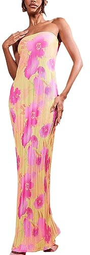 KMBANGI Womens Pleated Tube Maxi Dress Sleeveless Sexy Off Shoulder Strapless Long Dress Tie Up Backless Party Dress(Pink,S)