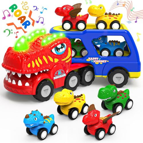 Lshfjnd Dinosaurier Spielzeug ab 2 3 4 5 Jahre, 5 in 1 Dino LKW mit Brüllen Sound & Lichter für Junge Mädchen, Dino Spielzeug Dinosaurier Truck Toddler Car Toys Geschenke für Jungen und Mädchen
