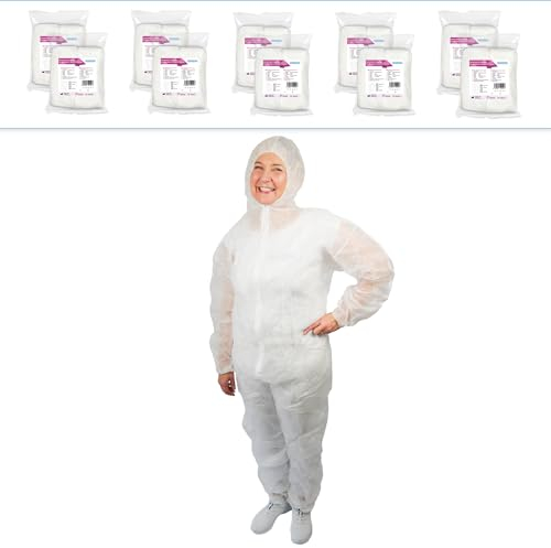 ARNOMED 10x Mono de protección PP extra fuerte, mono completo blanco 50g/m², mono de pintor desechable L, mono de trabajo para hombre/mujer con capucha, mono desechable, mono de protección desechable