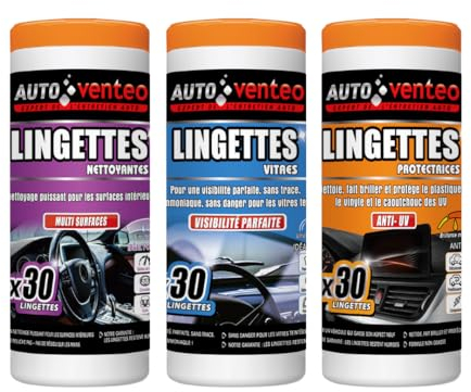 JUMBO PACK AUTO CLEANER - VENTEO - Lot de 90 lingettes - Kit d'entretien automobile - Nettoyant intérieur pour voiture - Lingettes spéciales vitres, nettoyantes multi-surfaces et protectrices anti