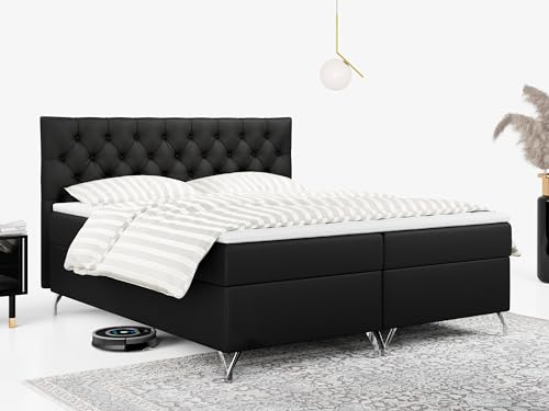 MKS MEBLE Boxspringbett 180x200, Bett mit Matratze H3, Boxspringbett mit Bettkasten und Topper, Polsterbett mit Füße - GRIMALDI - 180x200 - Schwarz Kunstleder - H3