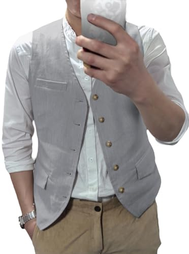 AeoTeokey Gilet estivo in lino, da uomo, per il tempo libero, per feste, vestibilità regolare, grigio chiaro, XXXXL