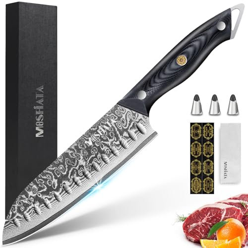 MOSFiATA Damast Santoku Messer 7 Zoll-Japanisches Küchenmesser aus Damaszener Stahl-Damastmesser mit Tuch, 3 Fingerhüllen und exklusiver Geschenkverpackung