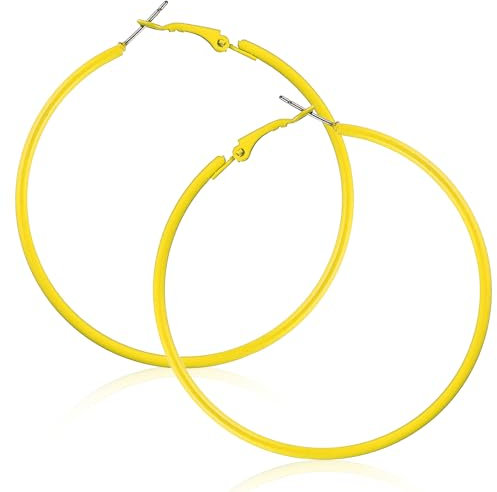 Tyqour Neon Ohrringe Damen Vintage Neon Creolen, Große Creolen 6cm, Retro 80er Jahre Neon Ohrringe 80er 90er Jahre Party Ohrringe für Damen Mädchen Weihnachten Halloween Kostüm Party, Gelb