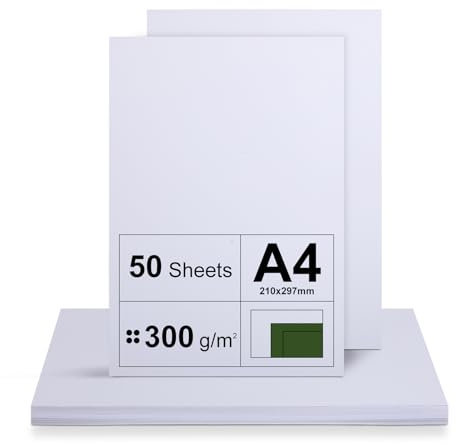 Lot de 50 Feuilles Cartonné A4 - Papier Épais 300 g/m² pour Imprimante - Blanc - Non Imprimé pour Travaux Manuels, Présentations, Cartes de Vœux