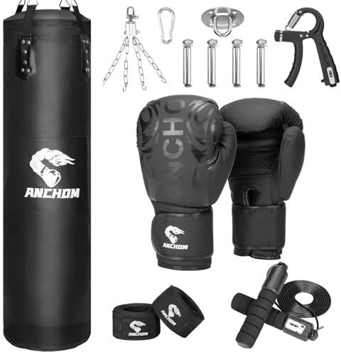 ANCHOM Punching Bag for Adults, 4FT Heavy Boxing Bag Set with 12OZ Boxing Gloves, Hand Wraps, Jump Rope and Grip Strength Trainer, Perfect for MMA Karate Kickboxing Boxing - Unfilled