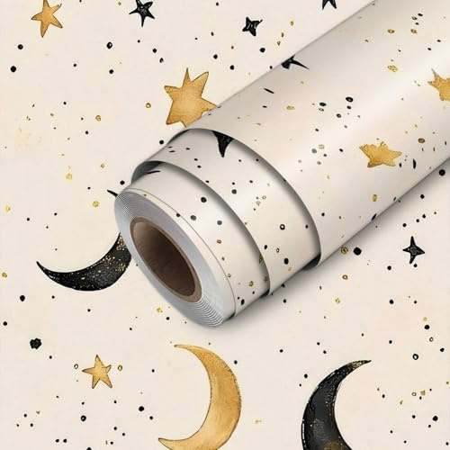 HOMETITUTE Moon and Stars Wallpaper Peel and Stick Celestial Contact Paper Marble Wall Paper Stick 17.7 x 118.1 Removable Self Adhesive Vinyl Wall Covering for Kids Room Nursery Playroom Decor