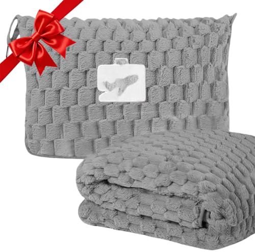 flintronic Manta de Viaje 2 en 1, Suave Manta de Viaje Plegable, Almohada Portátil para Adultos Niños, con Funda de Equipaje y Clip de Mochila, para Coche Oficina Hogar Dormir Viajes Campamento-Gris