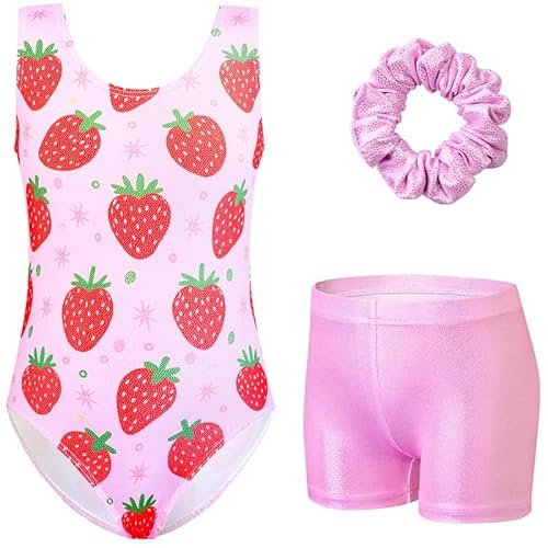 XiaoMoSha Girls Three-Piece Gymnastics Set Sleeveless Girls Leotards with Shorts and Hairband Sparkly Glitter Gradient Color Dance Ballet Unitards Gymnastics Outfits, PinkStrawberry, 11-12 Years