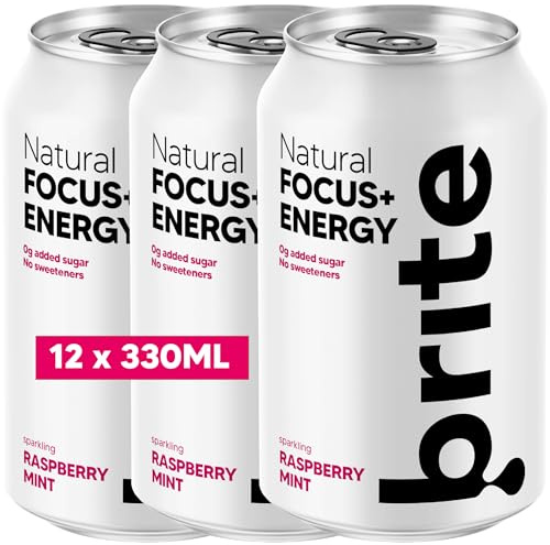 Brite Natural Focus. Energy Drink & Coffee Alternative for Productivity. Plant Based, Backed by Neuroscience. Low Calorie, Vegan, Gluten Free. Raspberry Mint 12 x 330 ml.
