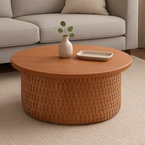 Mendler Tavolino salotto HWC-P15, tavolo da caffè elegante, da soggiorno divano, da piante legno di mogano rattan, rotondo Ø75cm