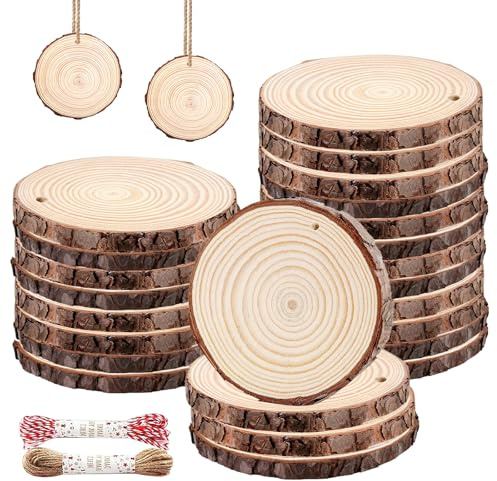 Set di 24 dischi di legno da 9 a 10 cm, dischi di legno rotondi per fai da te, con foro, cerchi in legno incompiuti per fai da te, fette di legno, matrimoni, Natale, decorazioni fai da te