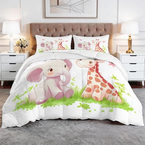 Genérico Edredón Nórdico 150 x 220 cm Elefante Jirafa Diseño, Relleno de Ecopiuma 400g/m² – Confort Térmico 4 Estaciones, Antialérgico – Set 3 Piezas Niños y Niñas, Beige