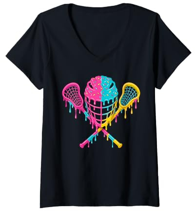 Women's Colorful Ice Cream Drip Helmet Lacrosse V-Neck T-Shirt