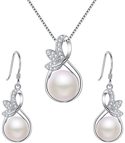 Clearine Mujer 925 de Plata Boda Nupcial Cúbica Zirconia Ivory Color Perla Cultivada de Agua Dulce Infinity Hoja Colgante Collar Hook Pendients Serie Claro