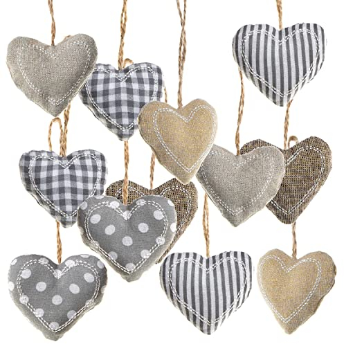 Deko-Anhänger Herzen, 12er Set: Herzanhänger Stoff, Stoffanhänger Herz, Dekoherzen zum Aufhängen, Weihnachten, Advent & Winter, Weihnachtsdeko Zweige, Hängedeko, Baumschmuck Beige & Grau, 5 x 6 cm