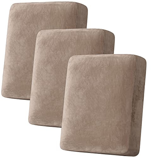 H.VERSAILTEX Velvet Stretch Couch Cushion Cover Plush Cushion Slipcover for Chair Loveseat Sofa Cushion Furniture Protector Seat Cushion Sofa Cover (3 Piece Sofa Cushion Covers, Taupe)